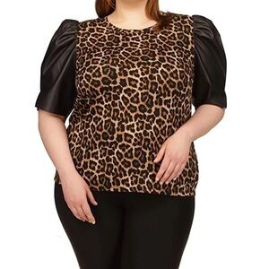 Michael Kors Women’s Brown Animal Print Crew Neck Top Plus Size 1X